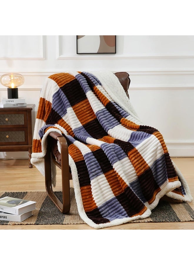 PU MEI Sherpa Blanket Twin Plaid Thick Bed Blanket, 60”*80” Super Soft Flannel Fuzzy Fleece Reversible Velvet Plush Warm Blanket for Couch (Brown Orange Check) - Image 5